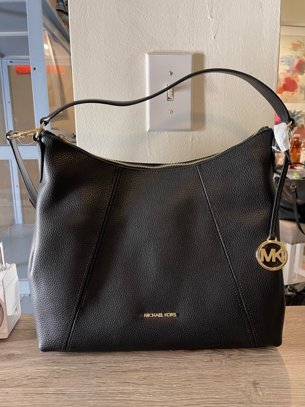 Michael Kors Black Pebbled Leather Shoulder Hobo with Gold Hardware